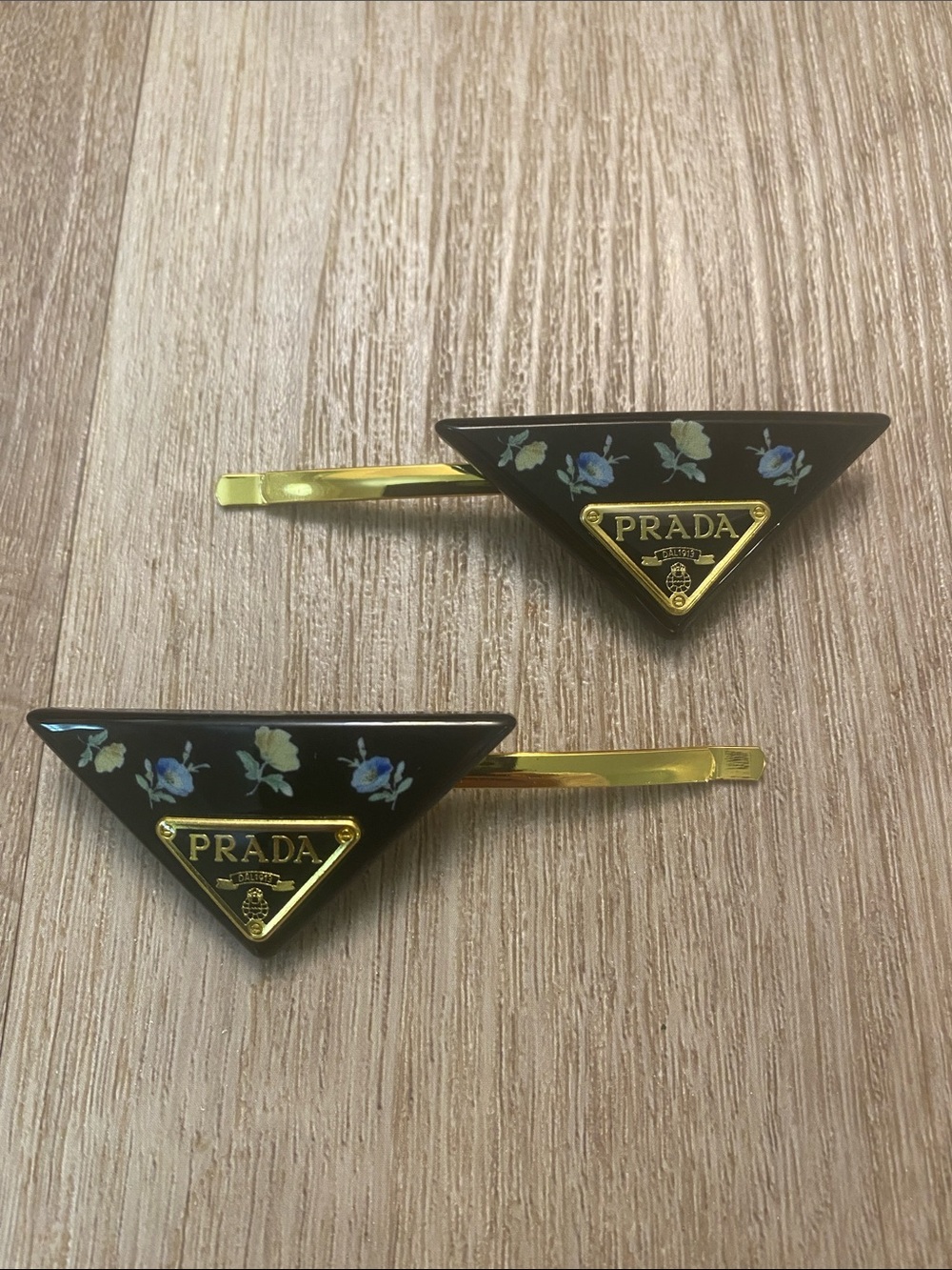 Prada Triangle Logo Black Hair Clips Barrette Set Gold Pin